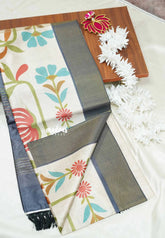 Halfwhite Grey border - Roopa - Premium Chappa semi tussar folk prints with tissue border