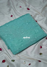 Soft Bluish Green - Roshini - Pure Tissue Organza Silk Floral Weaving Embroidery with Lace - Best for Evening Functions | Diwali Festive