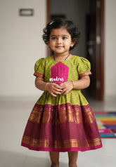 Olive Green with Pink - Saaral - Karthigai Silk Cotton Muthu Kattam with Rudraksham Border for Kids