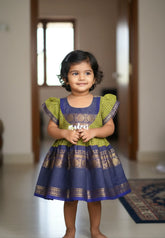 Olive Green with Blue - Saaral - Karthigai Silk Cotton Muthu Kattam with Rudraksham Border for Kids