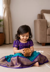 Teal Green with Violet - Saaral - Karthigai Silk Cotton Skirt and Raw Silk Top Paavadai Sattai for Kids
