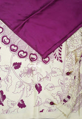 Creamy Ivory with Magenta Purple - Semi Modal Silk Sarees Partly Pallu with Kalahasthi Prints - Perfect for Casual Wear