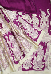 Creamy Ivory with Magenta Purple - Semi Modal Silk Sarees Partly Pallu with Kalahasthi Prints - Perfect for Casual Wear