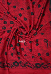 Cherry Red with Black - Semi Modal Silk Sarees Partly Pallu with Kalahasthi Prints - Perfect for Casual Wear