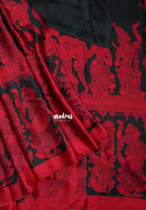 Cherry Red with Black - Semi Modal Silk Sarees Partly Pallu with Kalahasthi Prints - Perfect for Casual Wear