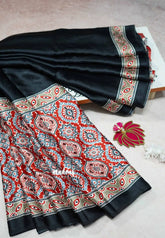 Black - Ajrakh semi Modal silk half and half pattern