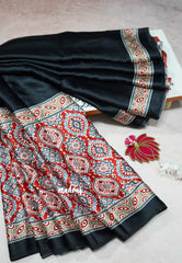 Black - Ajrakh semi Modal silk half and half pattern