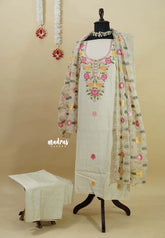 Amitha – Ivory Cream Semi silk salwar set with heavy embroidery yoke and organza dupatta