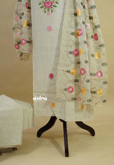 Amitha – Ivory Cream Semi silk salwar set with heavy embroidery yoke and organza dupatta