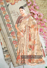 Roopa - Premium Chappa semi tussar floral prints with embroidery outline - Beige