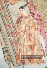 Roopa - Premium Chappa semi tussar floral prints with embroidery outline - Beige