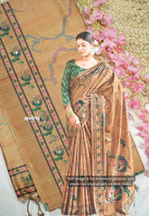 Roopa - Premium Chappa semi tussar floral prints with embroidery outline - Pale orange