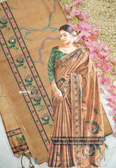 Roopa - Premium Chappa semi tussar floral prints with embroidery outline - Pale orange