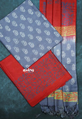 Bluish Grey - 3 piece bagru semi tussar salwar suit