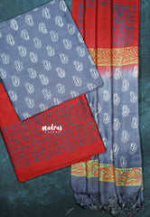 Bluish Grey - 3 piece bagru semi tussar salwar suit