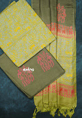 Sap Green - 3 piece bagru semi tussar salwar suit