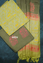 Sap Green - 3 piece bagru semi tussar salwar suit