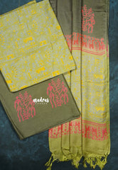 Sap Green - 3 piece bagru semi tussar salwar suit