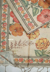 Roopa - Premium Chappa semi tussar floral prints with embroidery outline - Beige