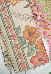 Roopa - Premium Chappa semi tussar floral prints with embroidery outline - Beige