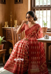 Peach Red - Shalini Fancy Kota Cotton with Prints - Best for Office Wear