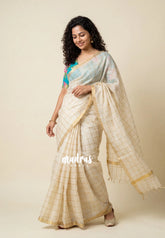 Ivory White - Shalini Premium Kota Silk Checks with Double Blouse Combo - Best for Small Functions