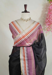 Nightfall Black - Shalini Premium Kota Silk Saree Plain with Multiline Border- Best for Office Wear | Casual Wear