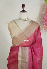 Beet Pink - Shalini Premium Kota Silk Saree Plain with Contrast Border and Blouse - Best for Office Wear | Casual Wear