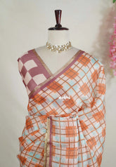 Beige & Orange - Shalini Premium Kota Silk Saree with Checks Pattern - Best for Office Wear | Casual Wear