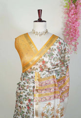 Ivory White - Shalini Premium Kota Silk Floral Prints with Small Border - Best for Small Functions