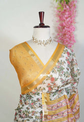 Ivory White - Shalini Premium Kota Silk Floral Prints with Small Border - Best for Small Functions