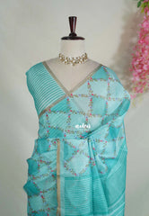 Soft Turquoise - Shalini Premium Kota Silk with Flower Prints Checks Pattern - Best for Office Wear | Casual Wear
