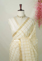 Ivory White - Shalini Premium Kota Silk Checks with Zari Border - Best for Small Functions
