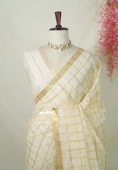 Ivory White - Shalini Premium Kota Silk Checks with Zari Border - Best for Small Functions