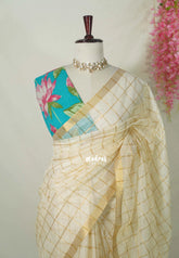 Ivory White - Shalini Premium Kota Silk Checks with Double Blouse Combo - Best for Small Functions