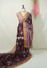 Deep Wine Brown - Shalini Premium Kota Silk with Kalamkari Prints Floral Border and Blouse - Best for Small Functions