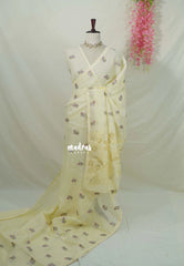 Creamy Yellow Beige - Shalini - Premium Super Net Saree with Embroidery Buttas and Applique Work Pallu - Best for Office Wear / Hightea party