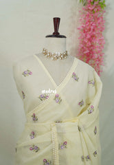 Creamy Yellow Beige - Shalini - Premium Super Net Saree with Embroidery Buttas and Applique Work Pallu - Best for Office Wear / Hightea party