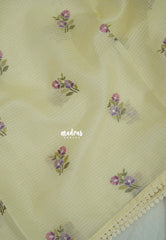 Creamy Yellow Beige - Shalini - Premium Super Net Saree with Embroidery Buttas and Applique Work Pallu - Best for Office Wear / Hightea party