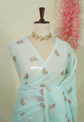 Creamy Turquoise Blue - Shalini - Premium Super Net Saree with Embroidery Buttas and Applique Work Pallu - Best for Office Wear / Hightea party