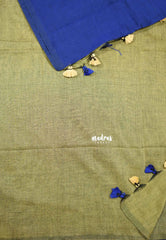 Blue with khaki pallu - Soft khadi with contrast pallu and blouse - Shruti