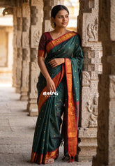 Midnight Green - Sico Gadwal semi silk Saree with Double Mayil Border - Best for Wedding Functions
