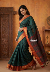 Midnight Green - Sico Gadwal semi silk Saree with Double Mayil Border - Best for Wedding Functions