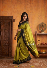 Greenish Yellow - Sico Gadwal checks with Rudraksham and Temple Border - Perfect for Wedding Functions