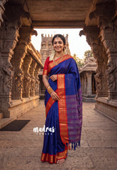 Navy Blue - Sico Gadwal Semi Silk Bird Border - Best for Small Functions