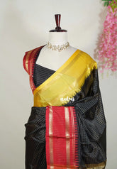 Midnight Black - Sico Gadwal Semi Silk Checks with Ganga Jamuna Border - Best for Wedding Functions