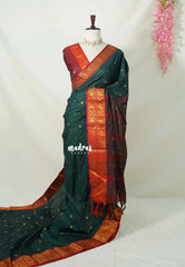 Midnight Green - Sico Gadwal semi silk Saree with Double Mayil Border - Best for Wedding Functions