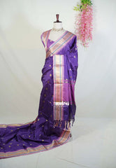 Violet Purple with Pink - Sico Gadwal Semi Silk Checks with Buttas and Traditonal Border - Best for Wedding Functions | Temple Visit