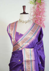 Violet Purple with Pink - Sico Gadwal Semi Silk Checks with Buttas and Traditonal Border - Best for Wedding Functions | Temple Visit