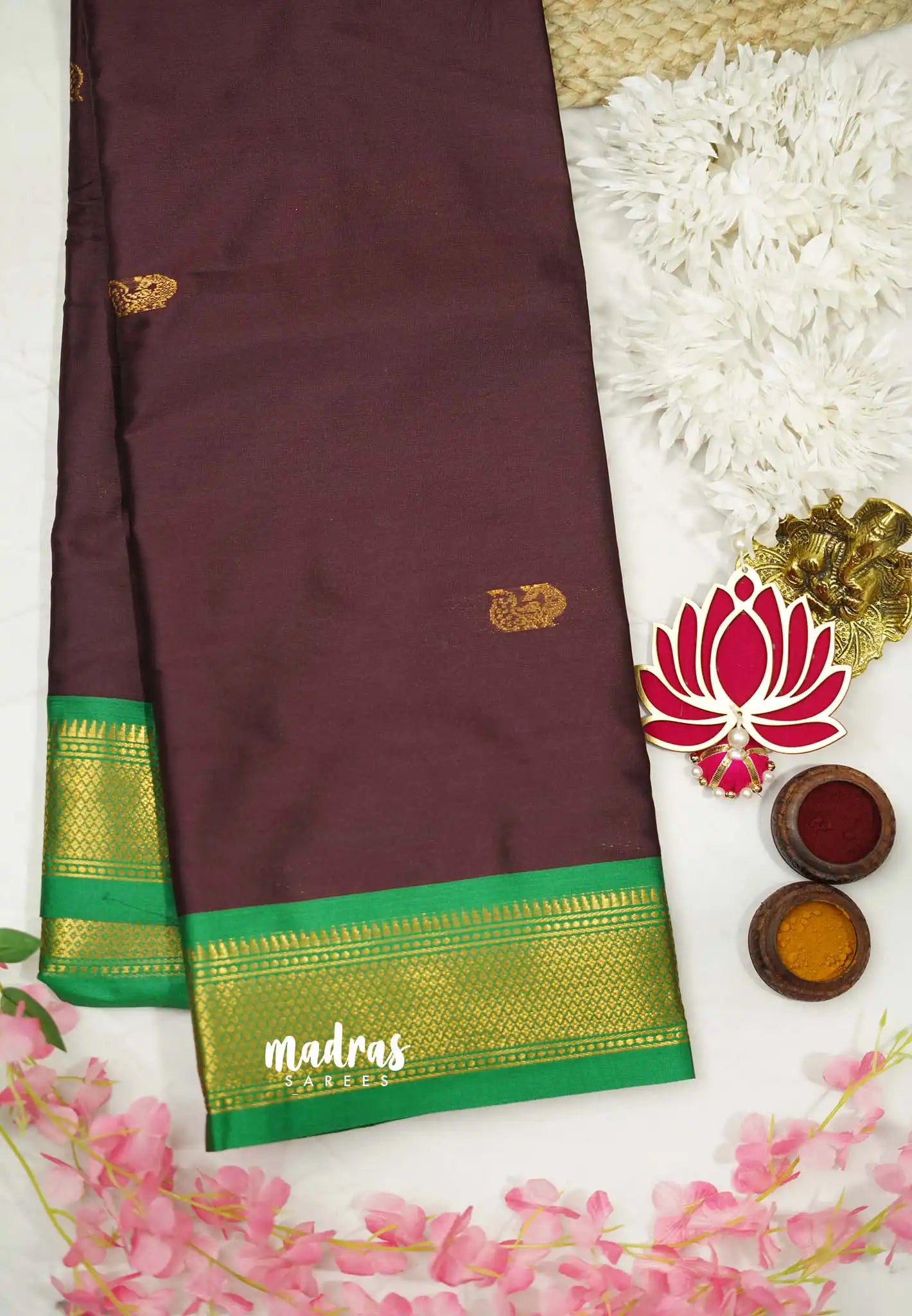Sico Gadwal brown with green border - Madras Sarees